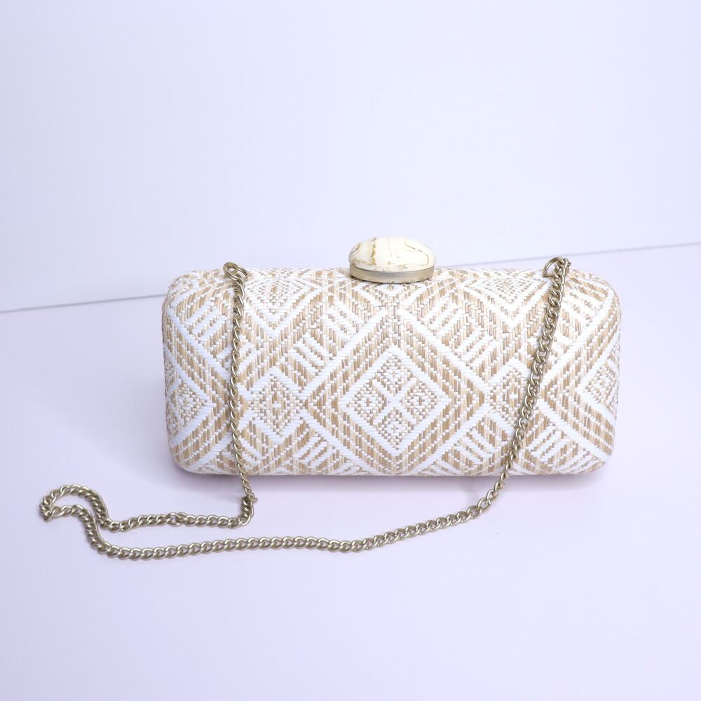 BANANA REPUBLIC Printed Drew Box Clutch Tan and White Woven Evening Bag